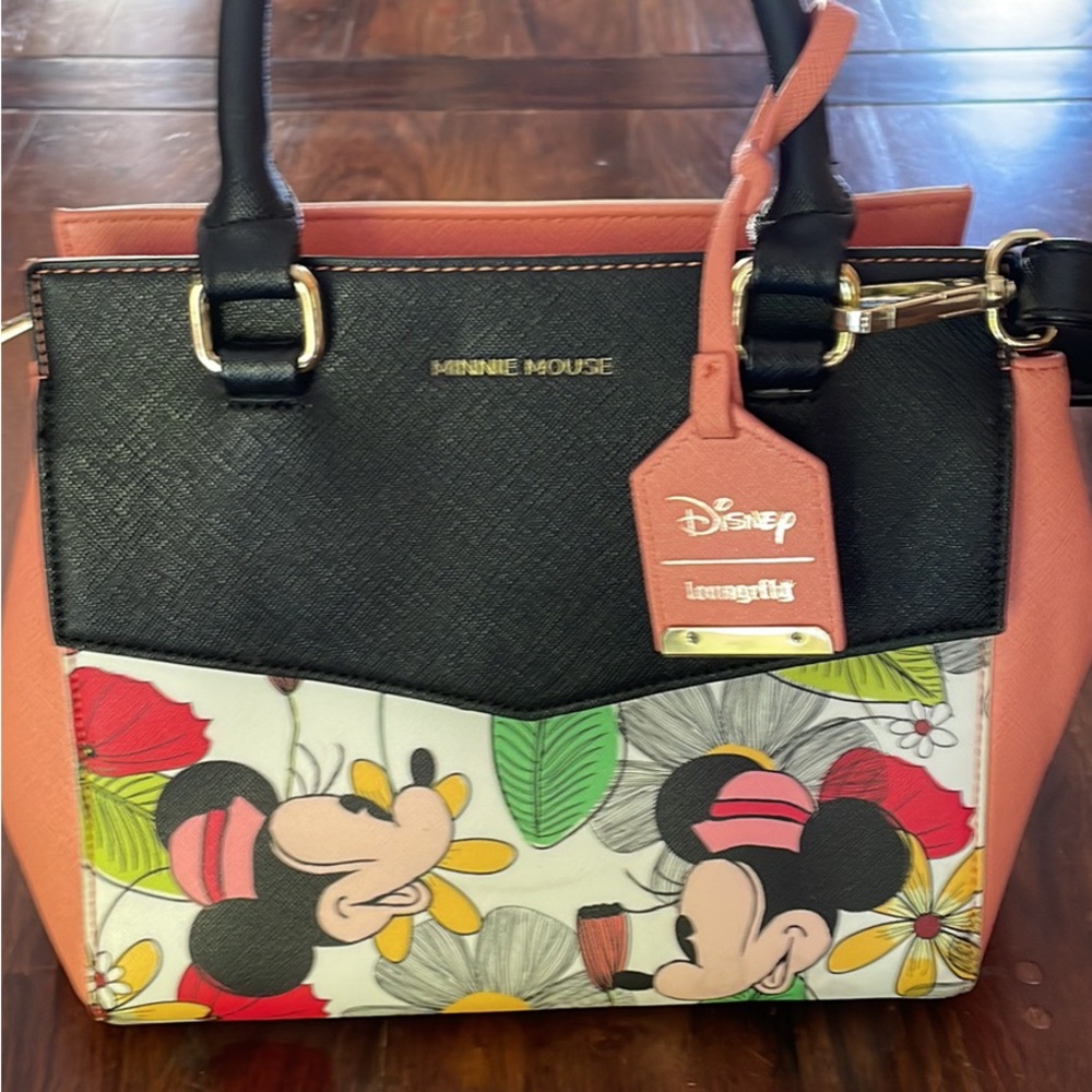 Loungefly Black & Coral Minnie Mouse Floral Crossbody Bag